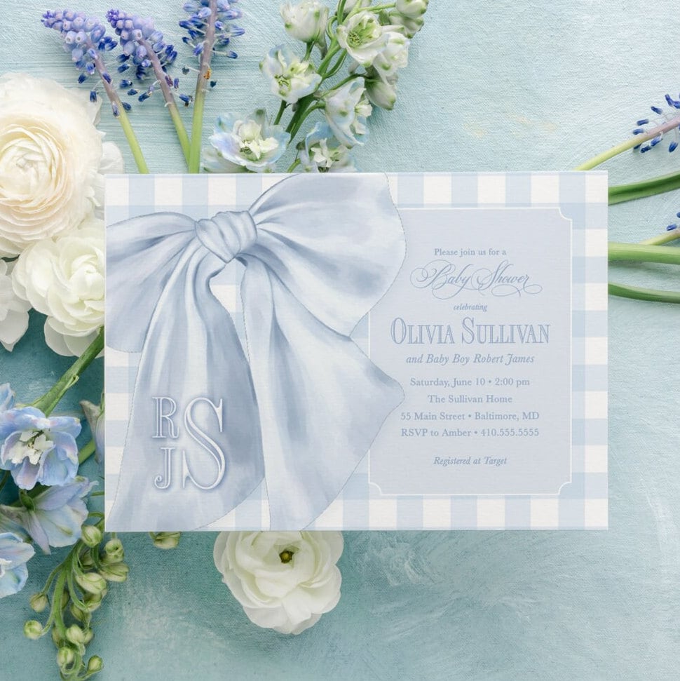 Blue gingham monogram bow baby shower invitation with event wording