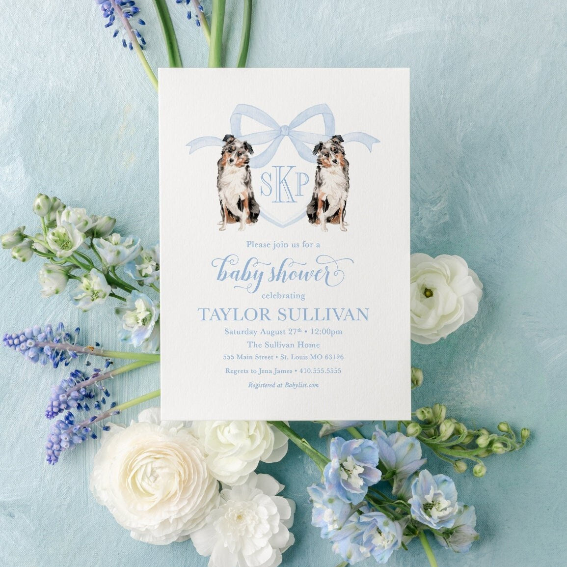 Australian Shepherd Baby Shower Invitation: Puppy Crest Monogram | Digital File