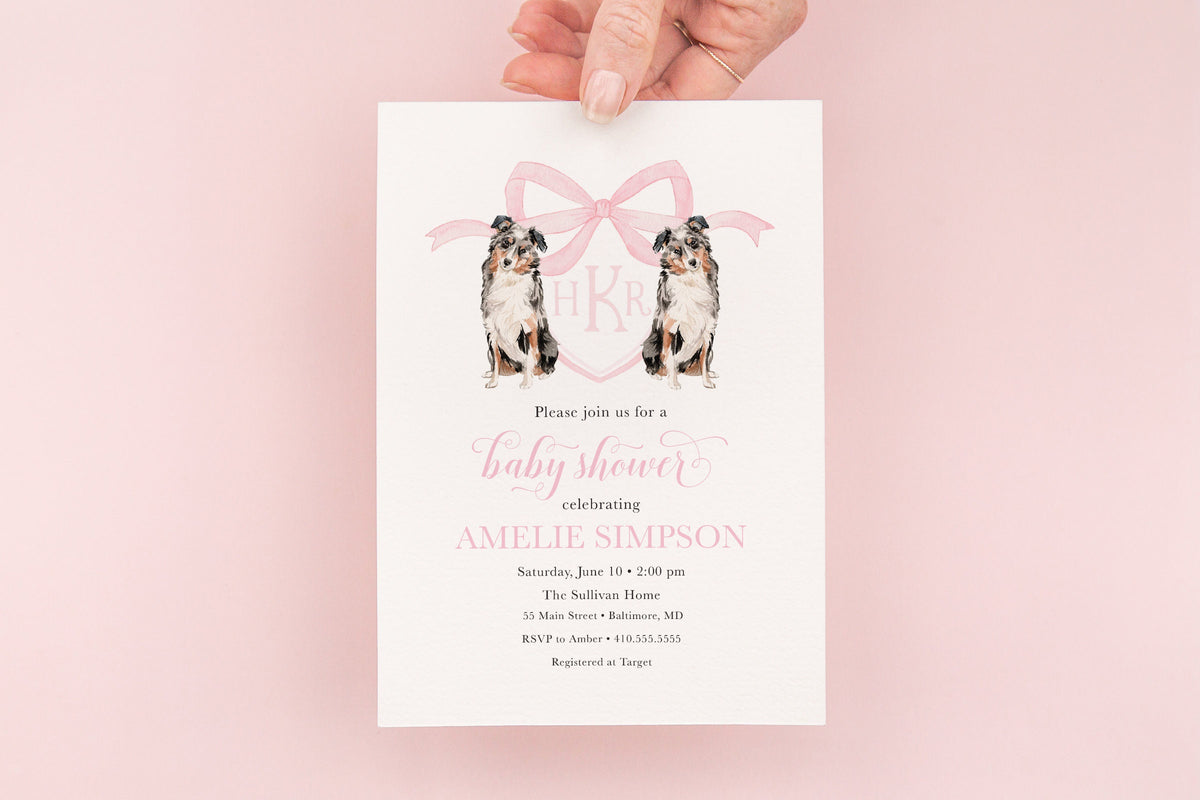 Australian Shepherd Baby Shower Invitations: Watercolor Crest, Pink Bow | Digital File