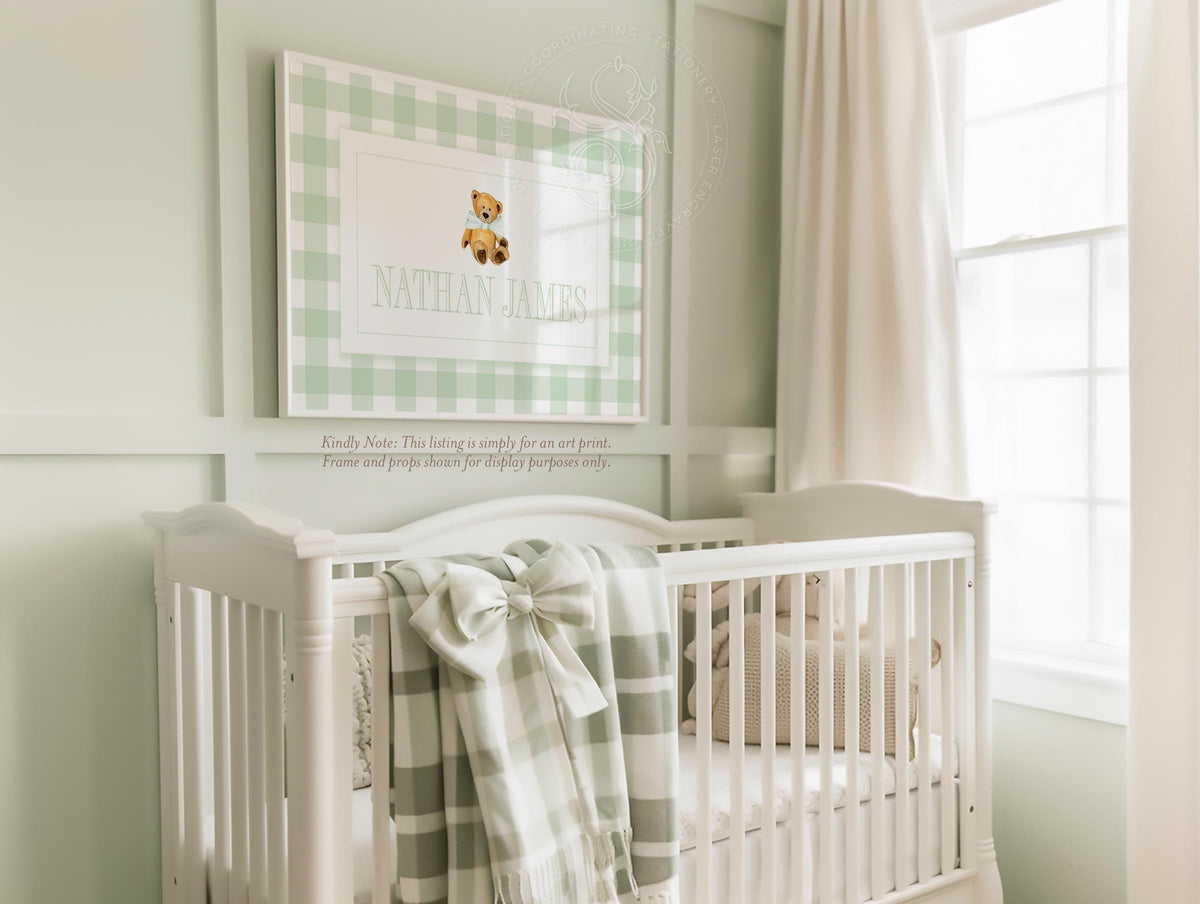 Baby Boy Name Print, Nursery Wall Art, Teddy Bear Sage Green Nursery Decor Personalized Boys Room - image 1