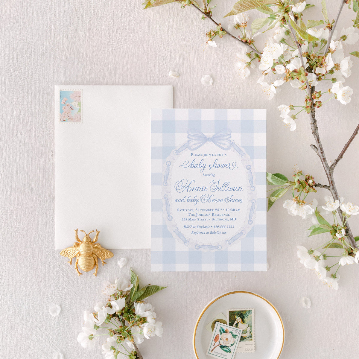 Baby Shower Invitation Printed, Classic Bow Invitations, Baby Boy Sprinkle, Whimsical Blue Gingham, 1st Birthday Boy printed invitation