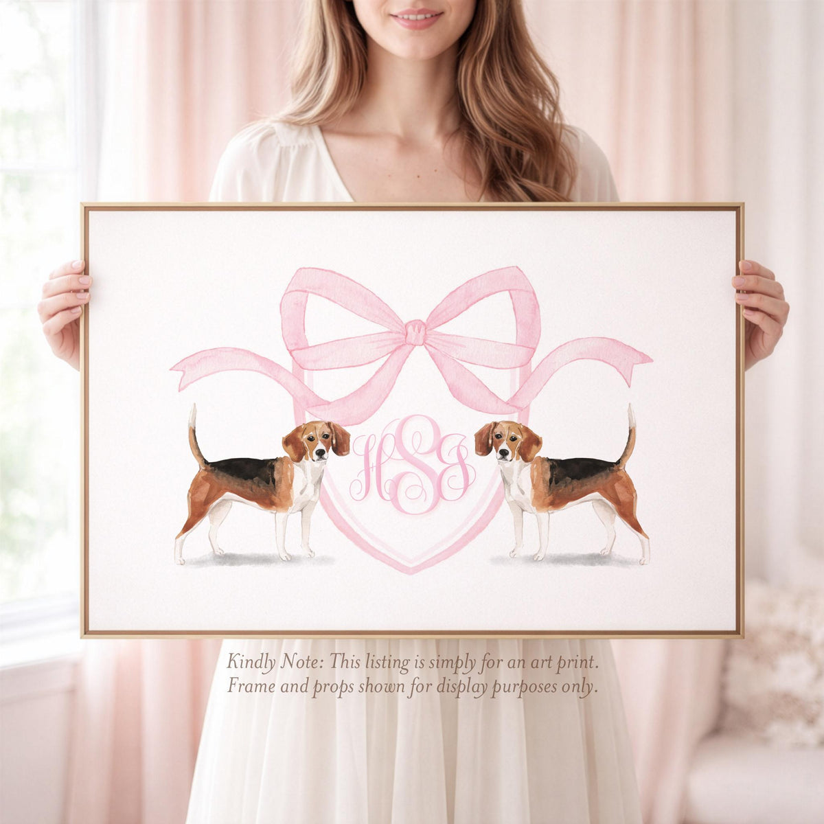 Beagle Nursery Art Print: Pink Bow Monogram, Baby Girl Decor - image 1