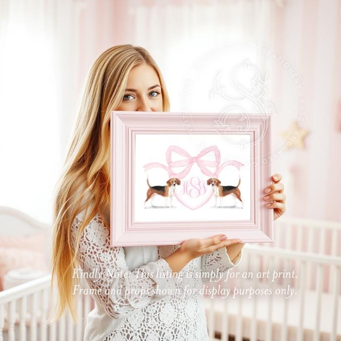 Beagle Nursery Art Print: Pink Bow Monogram, Baby Girl Decor - image 2