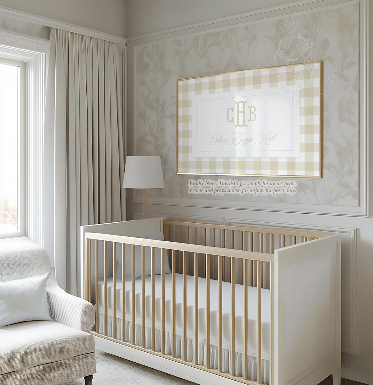 Beige Gingham Over Crib Monogram and Name Art Print for Baby Boy Nursery - image 1