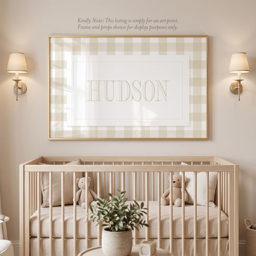 Beige Gingham Over Crib Name Print for Baby Boy Nursery - image 1