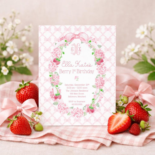 Berry First Birthday Strawberries & Hydrangeas Invitation printed children's birthday invitation