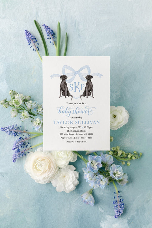 Black Lab Baby Shower Invitation: Watercolor Crest, Blue Monogram | Digital File