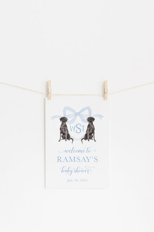 Black Labrador watercolor crest baby shower welcome sign