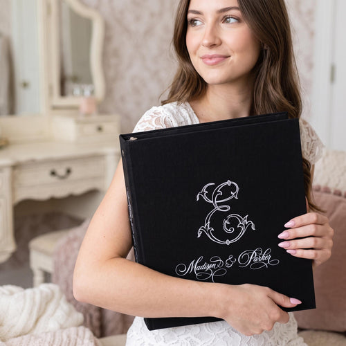 Black and white personalized wedding planner binder
