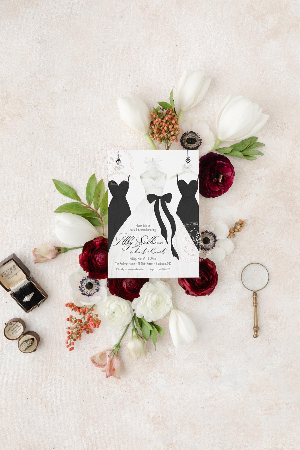 Black and white watercolor gown printed bridal brunch invitations