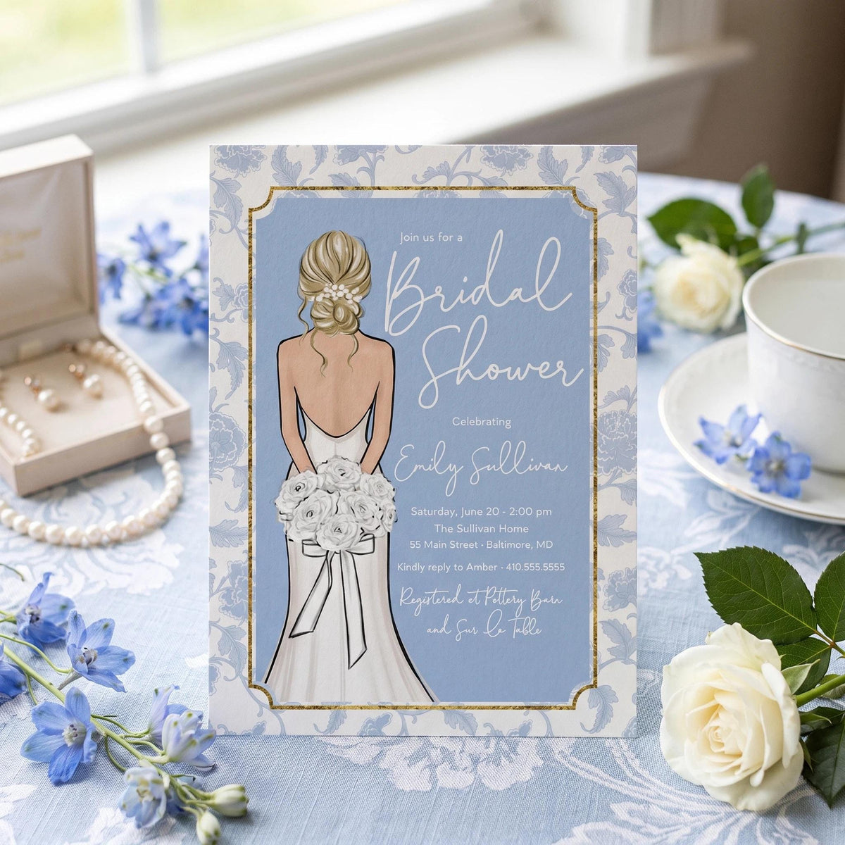 Blonde chinoiserie bride printed bridal shower invitations