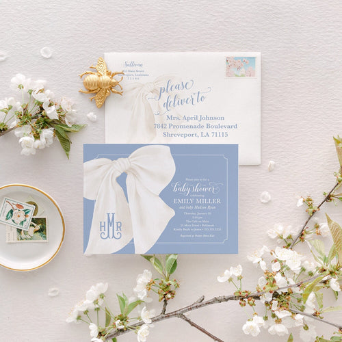 Blue Baby Shower Invitations: Monogram Heirloom Bow printed invitation
