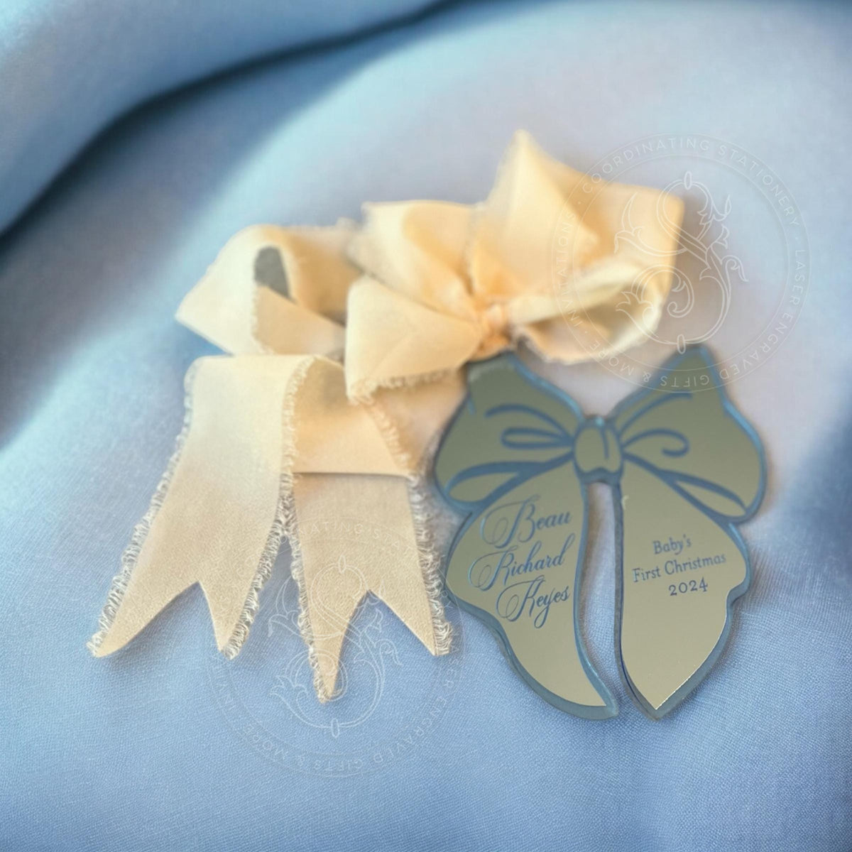 Blue Bow Baby Boy Birth Stats Ornament - image 2