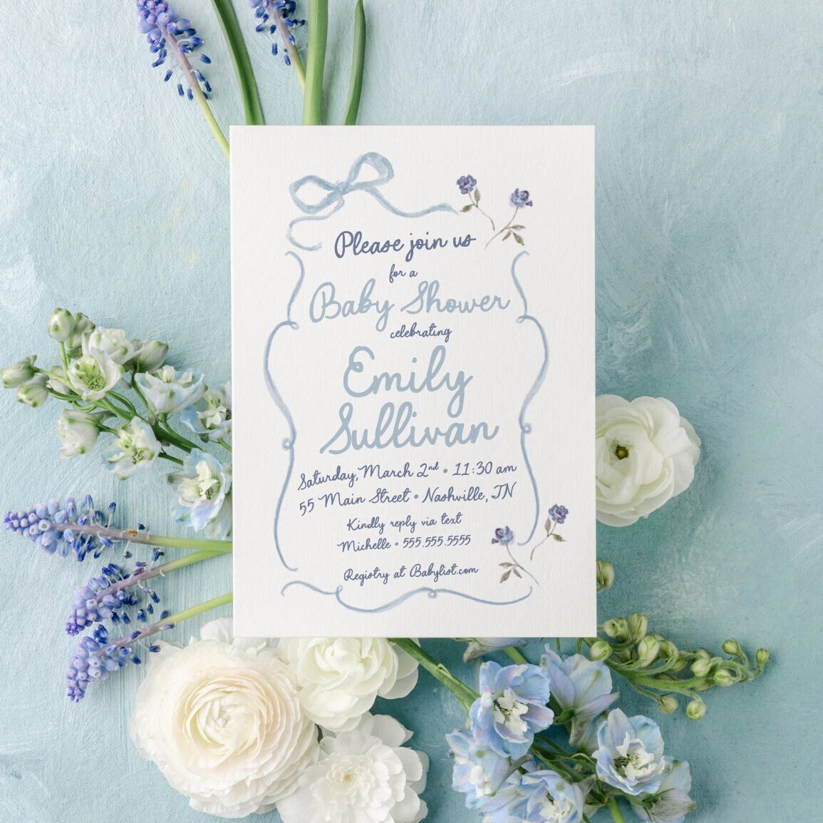 Blue Bow Baby Shower Invitations: Hand Drawn Boy Sprinkle | Digital File