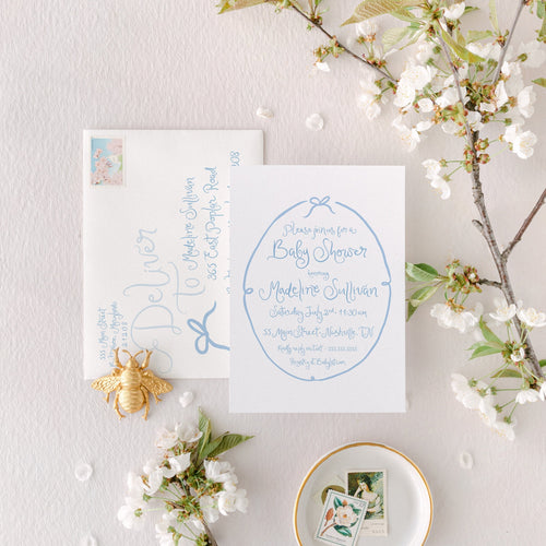 Blue Bow Baby Shower Invitations: Hand-Drawn Boy Sprinkle printed invitation