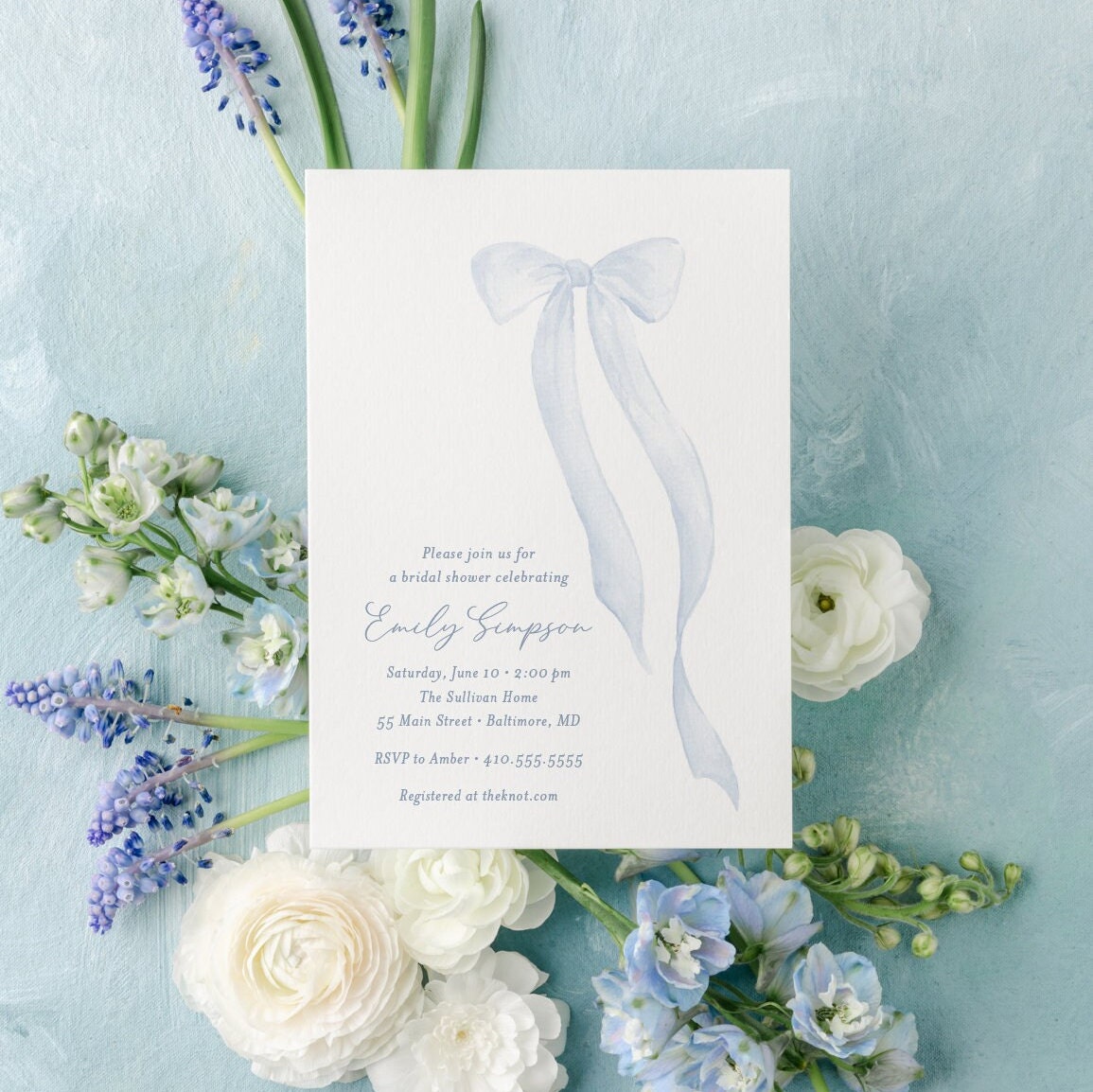 Blue bow whimsical printed bridal shower invitations