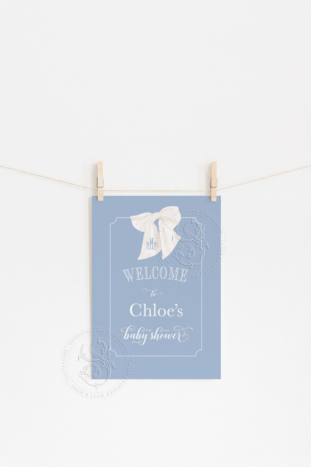 Blue Bow Monogram Baby Shower Welcome Sign