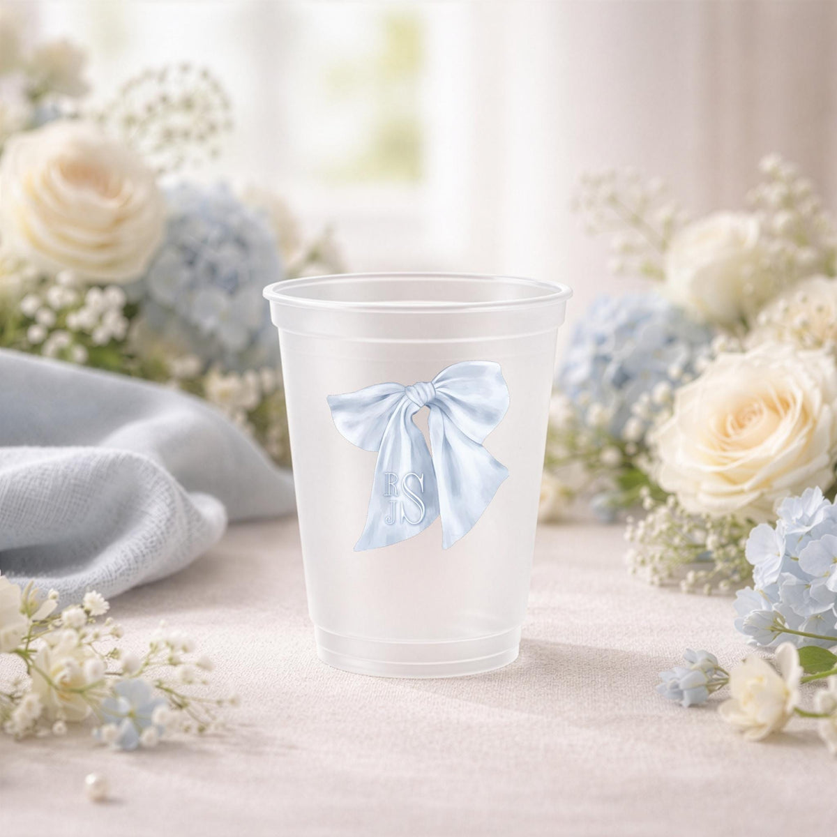 Personalized blue bow monogram frosted party cups