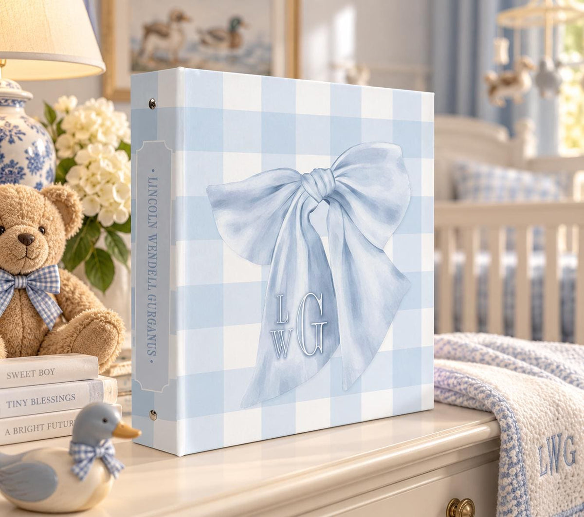Blue bow personalized baby memory book binder