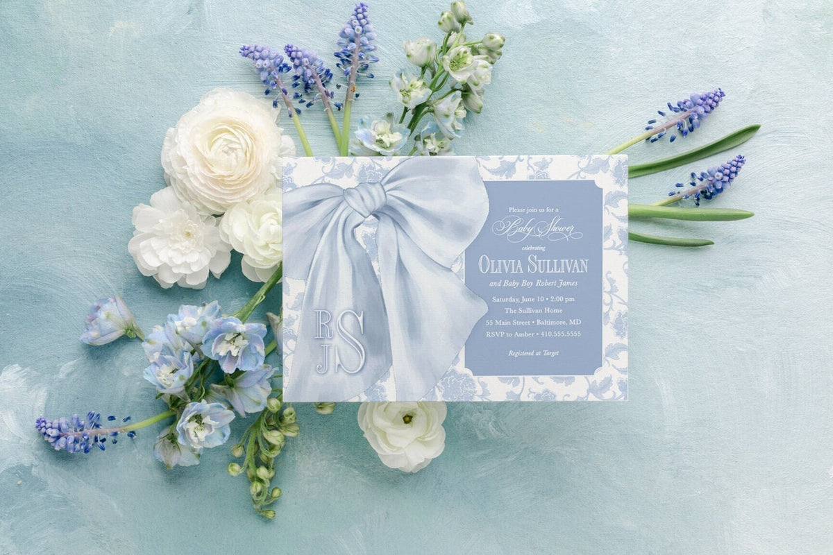 Blue bow toile chinoiserie digital baby shower invitation