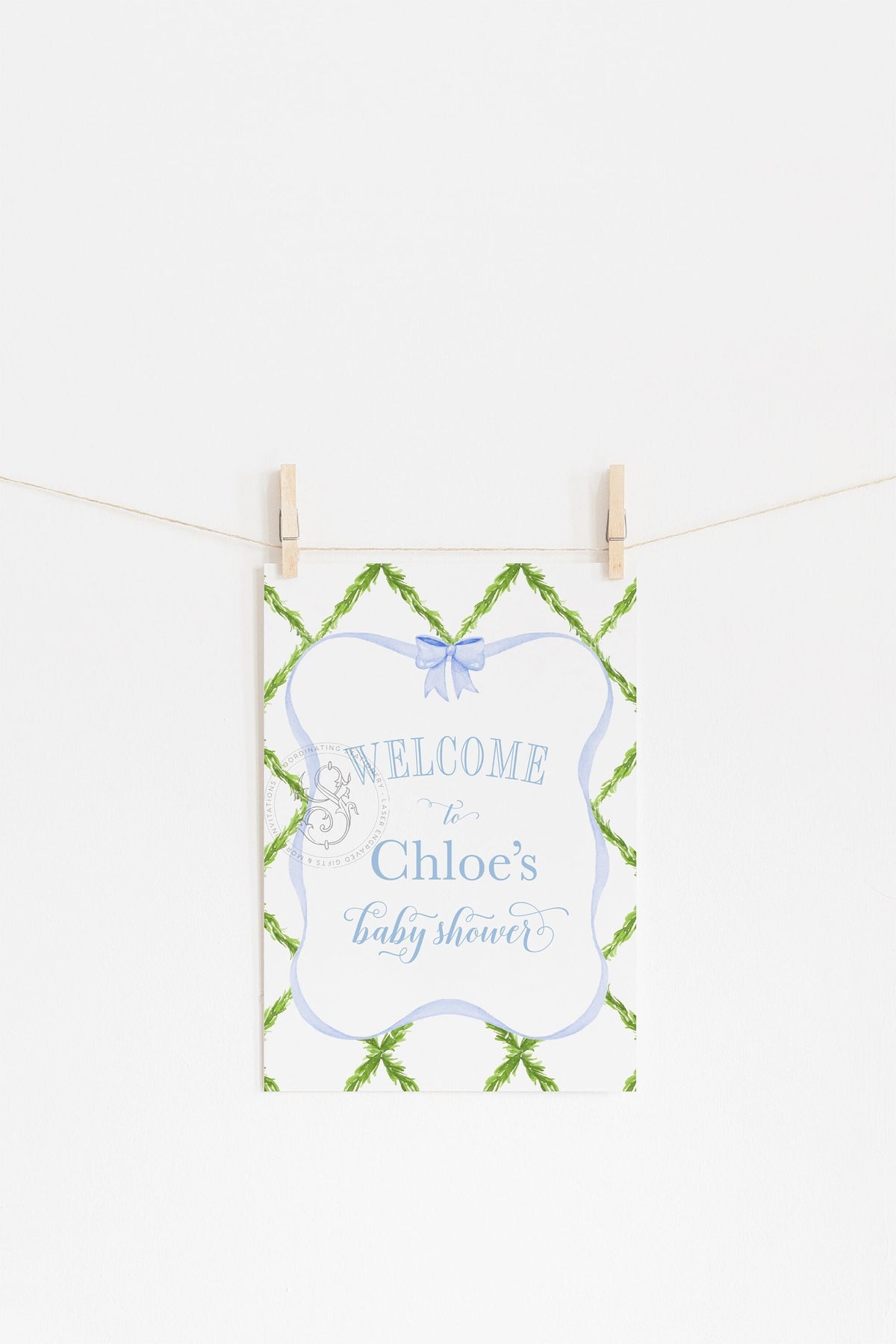Blue Bow Watercolor Trellis Baby Shower Welcome Sign