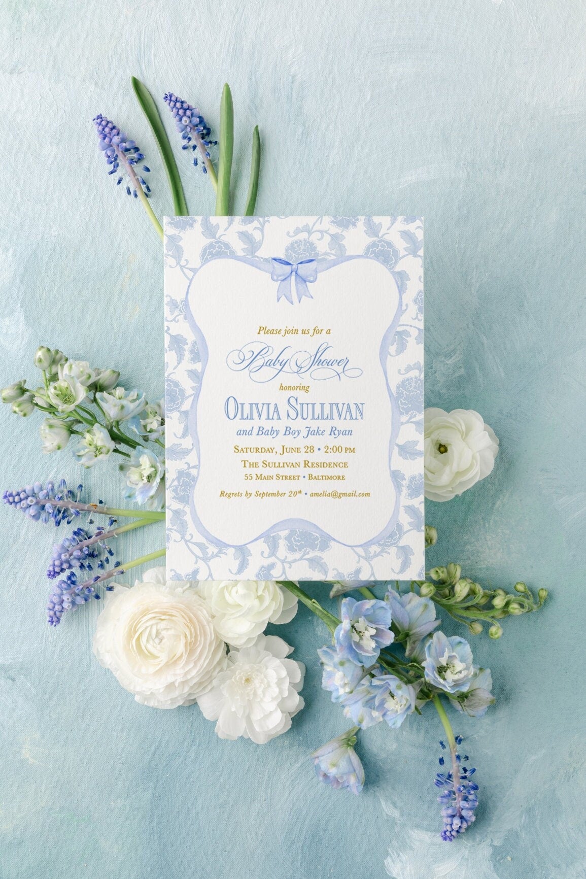 Blue Chinoiserie Baby Shower Invitations: Grandmillennial Garden Party printed invitation