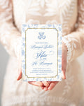 Blue chinoiserie printed bridal brunch invitations