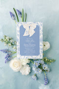 Blue chinoiserie monogram bow digital baby shower invitation