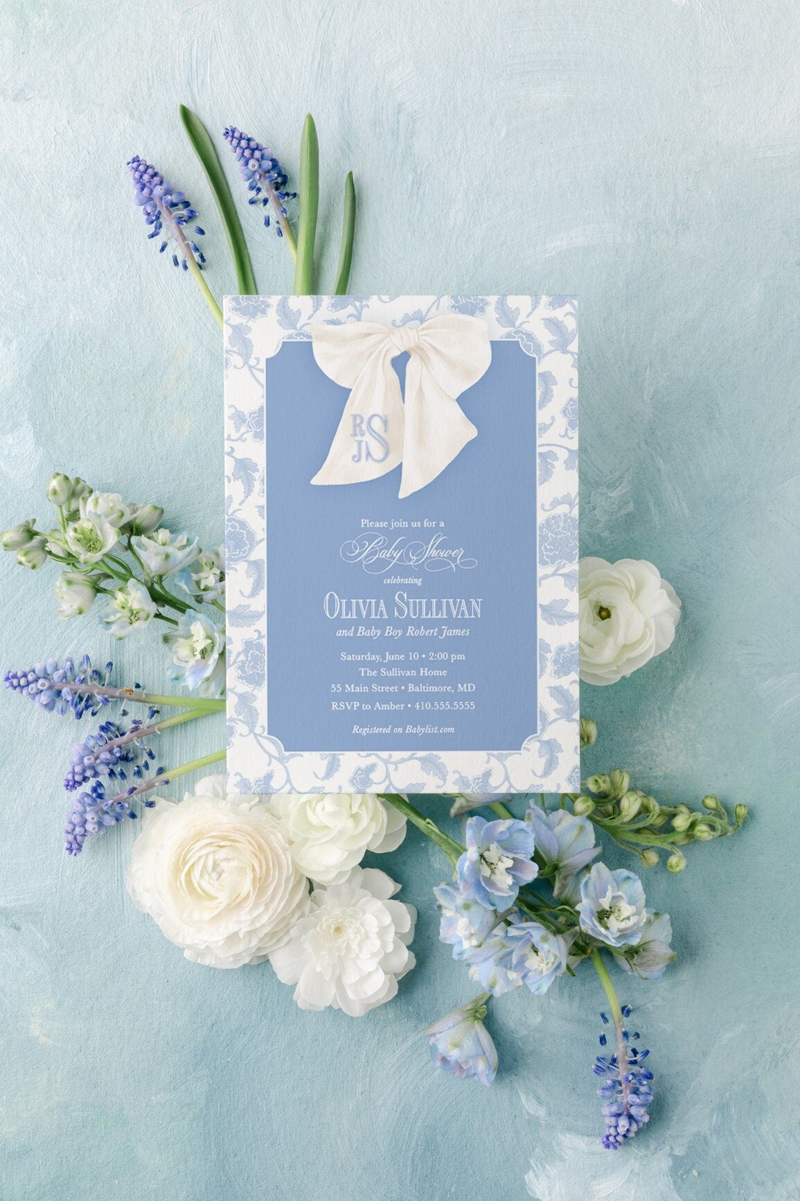 Blue chinoiserie monogram bow digital baby shower invitation