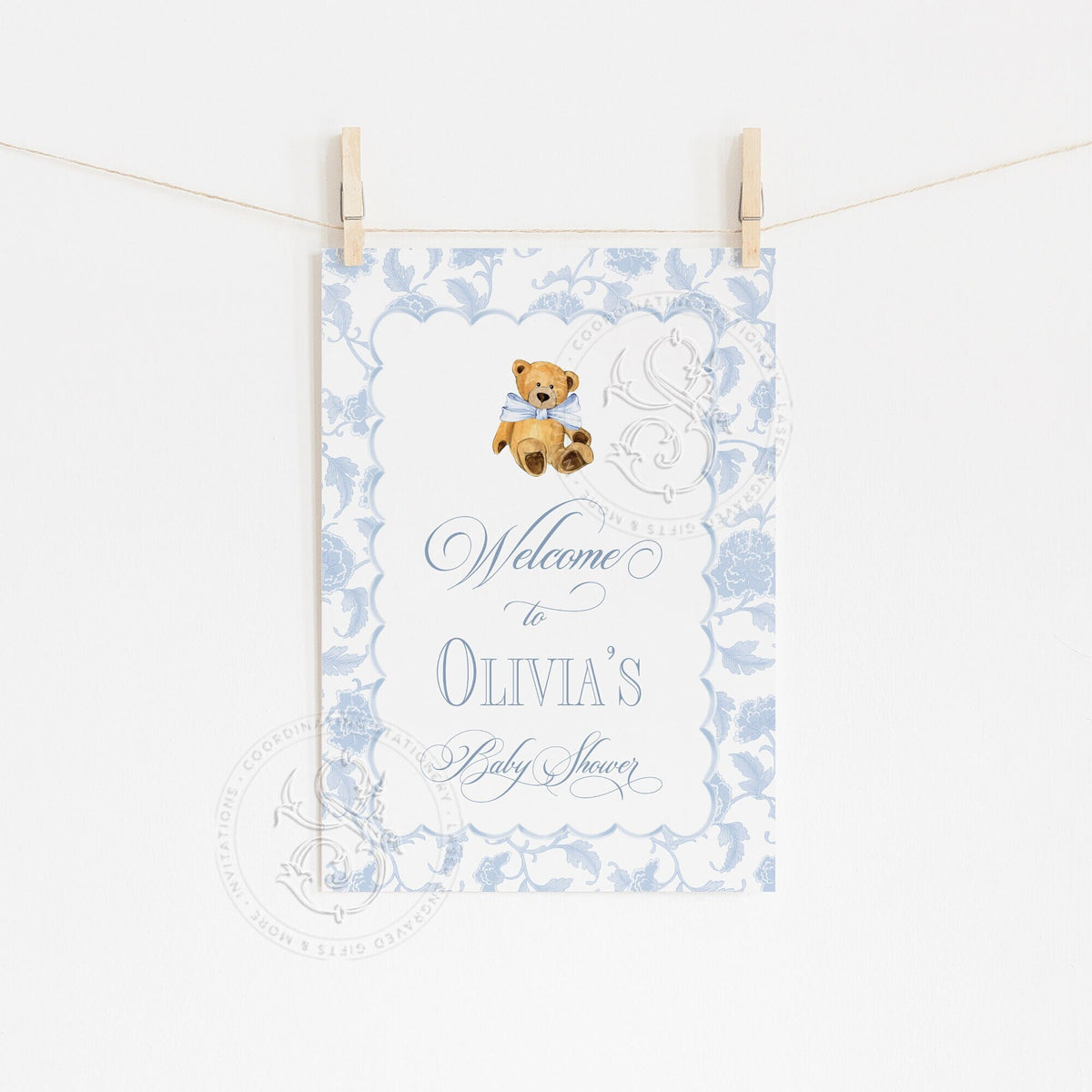 Blue Chinoiserie Teddy Bear Baby Shower Welcome Sign