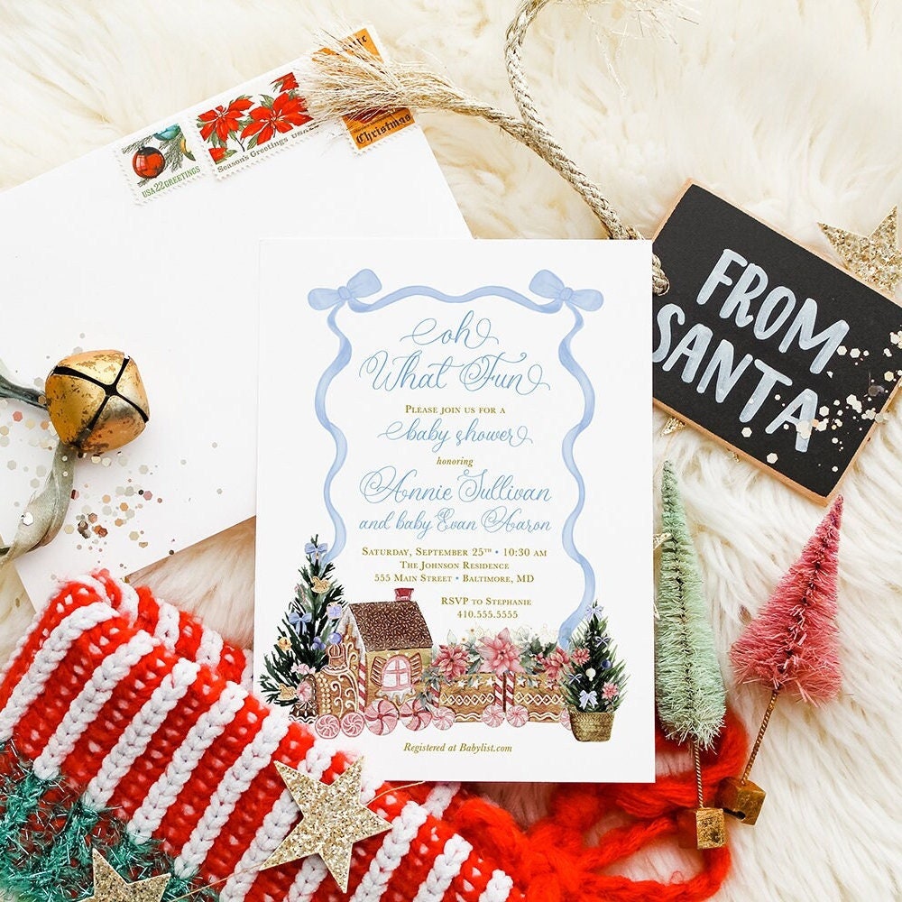 Blue Christmas gingerbread digital baby shower invitation