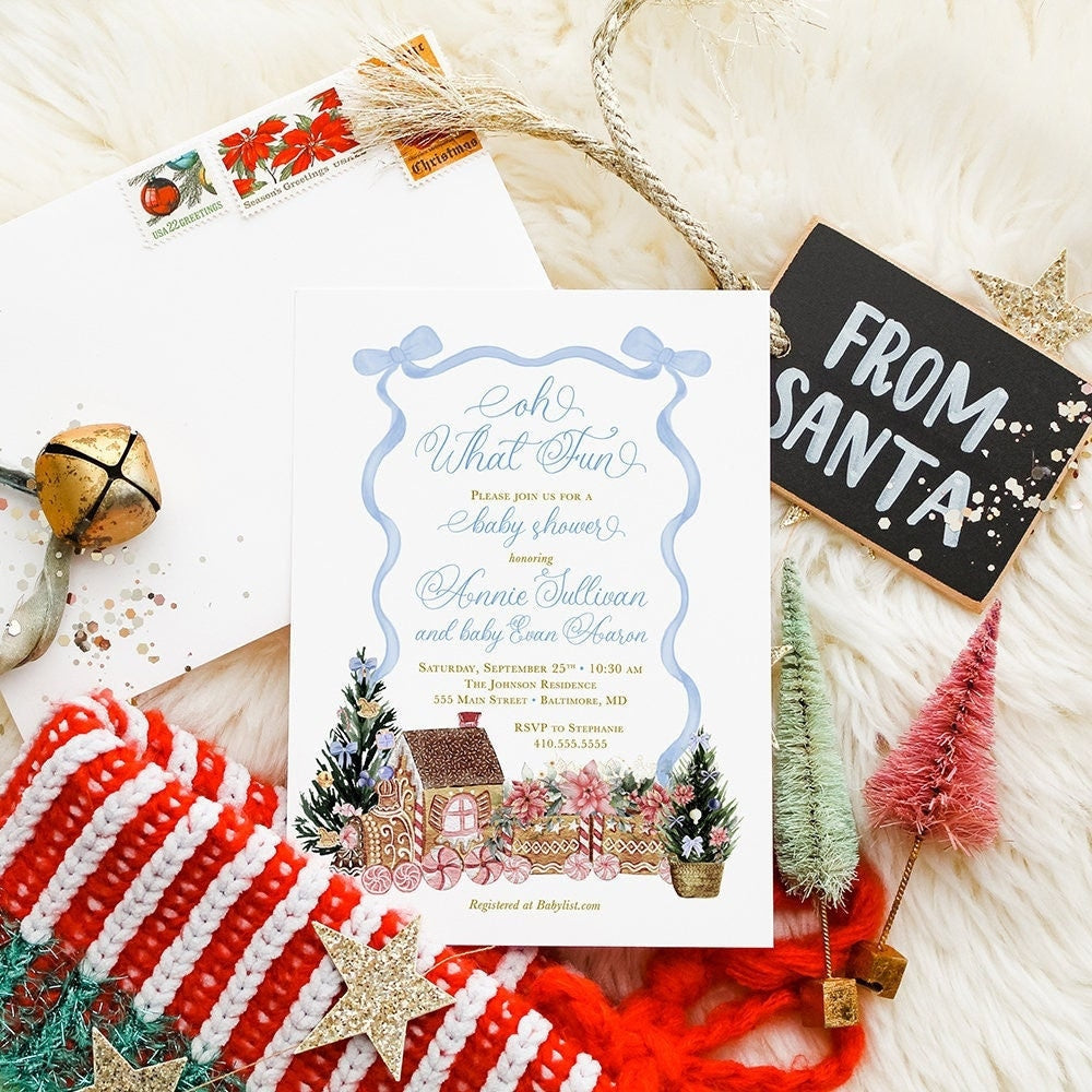 Blue Christmas gingerbread printed baby shower invitations