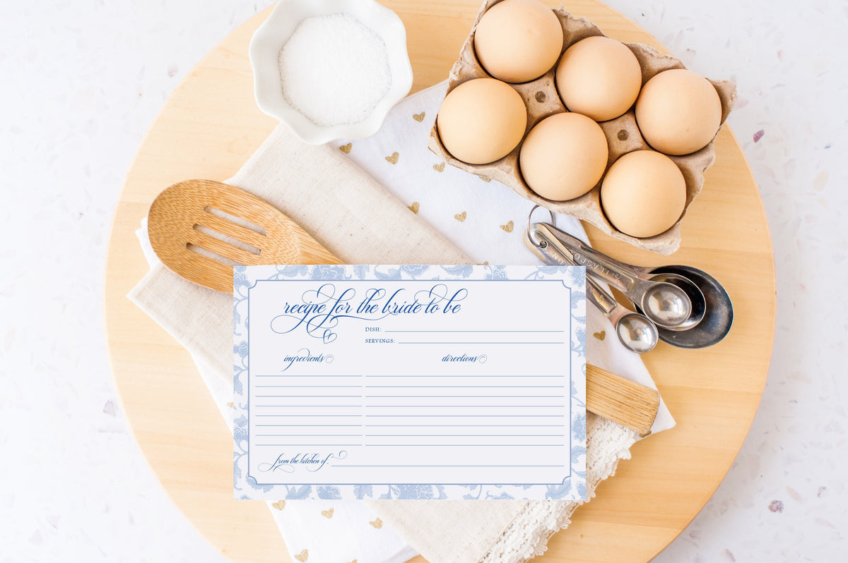 Blue floral chinoiserie printed bridal shower recipe cards