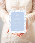 Blue floral chinoiserie monogram digital bridal shower invitation