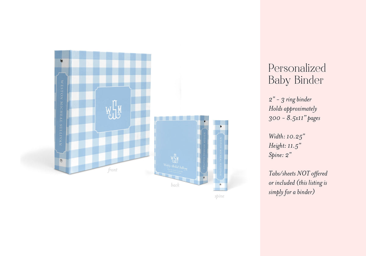 Blue gingham personalized baby boy memory book binder