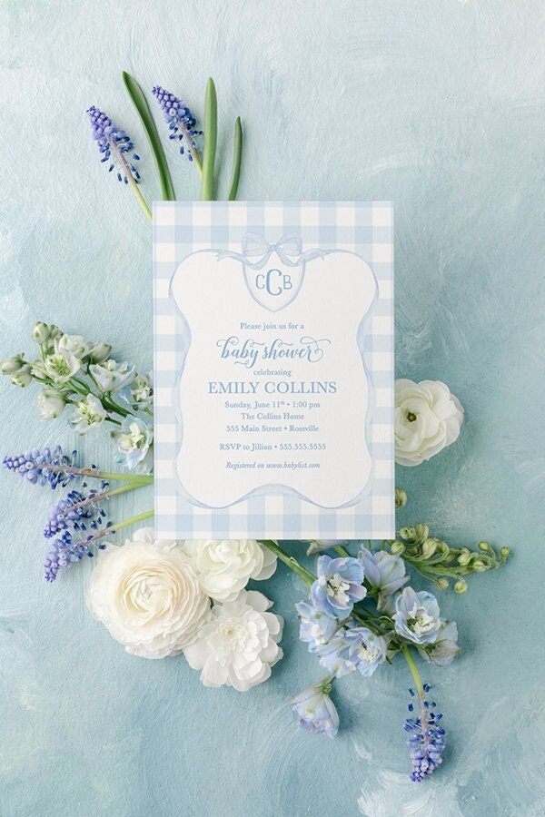 Blue Gingham Baby Shower Invitations: Monogrammed Boy Sprinkle printed invitation