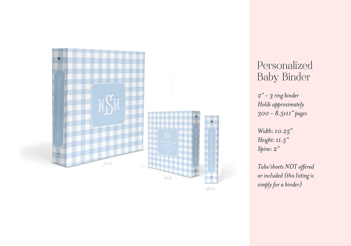 Blue gingham monogram personalized baby book binder