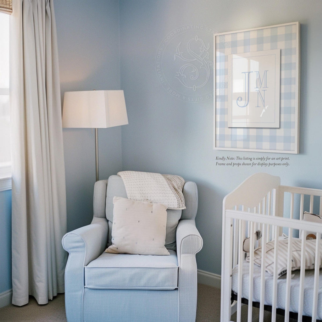 Blue Gingham Monogram Print: Baby Boy Nursery Wall Art - image 1