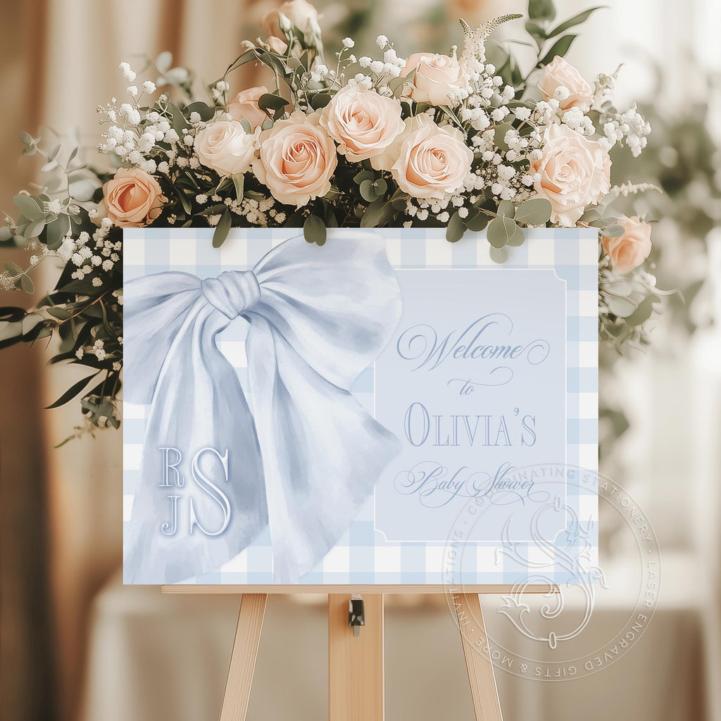 Blue Gingham Monogram Baby Shower Welcome Sign 1