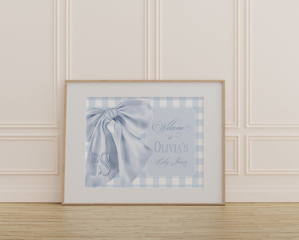 Blue Gingham Monogram Baby Shower Welcome Sign 2
