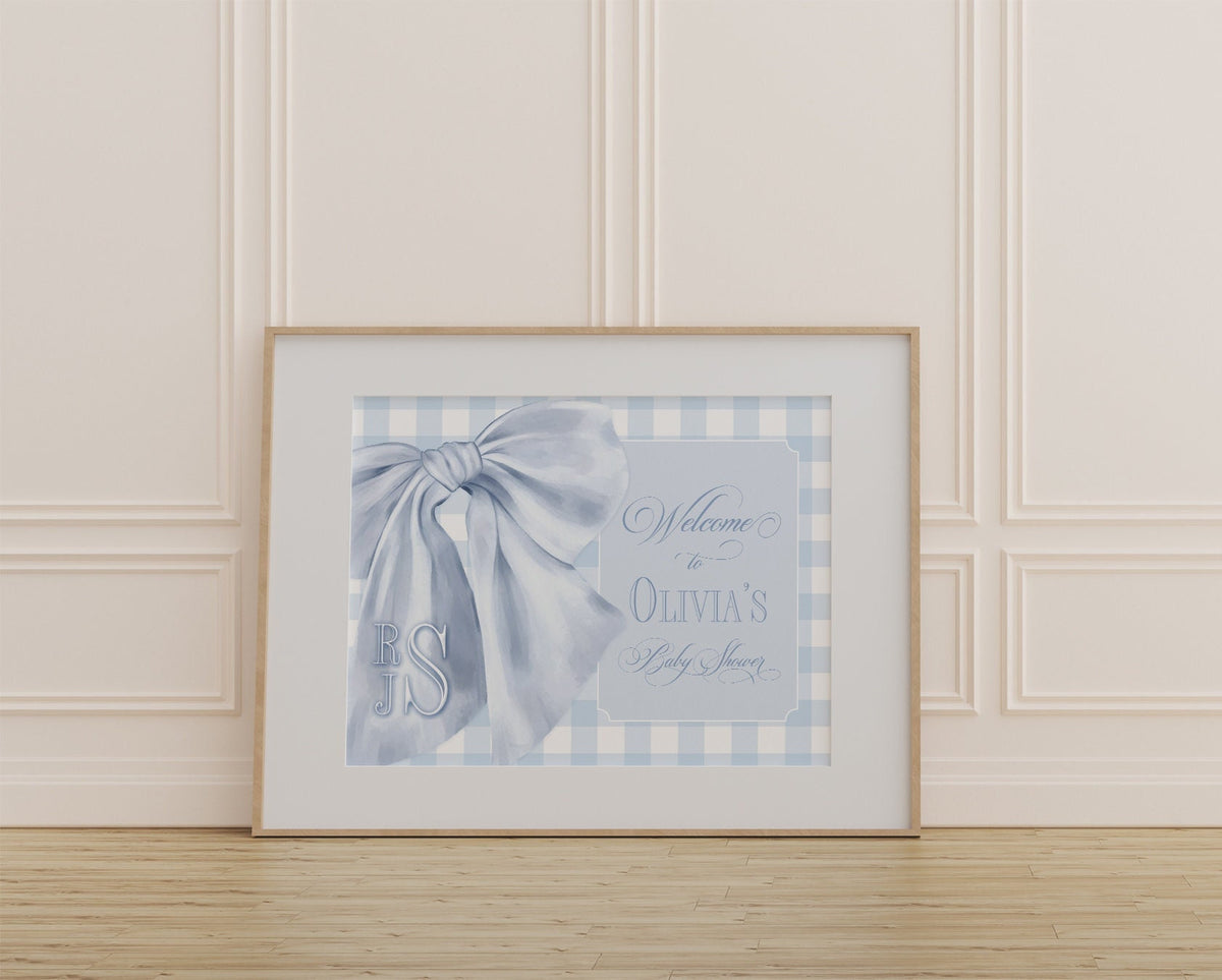 Blue Gingham Monogram Baby Shower Welcome Sign 2