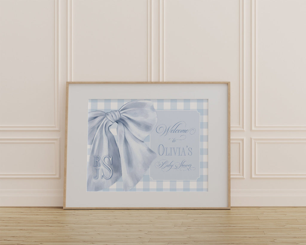 Blue Gingham Monogram Baby Shower Welcome Sign 5