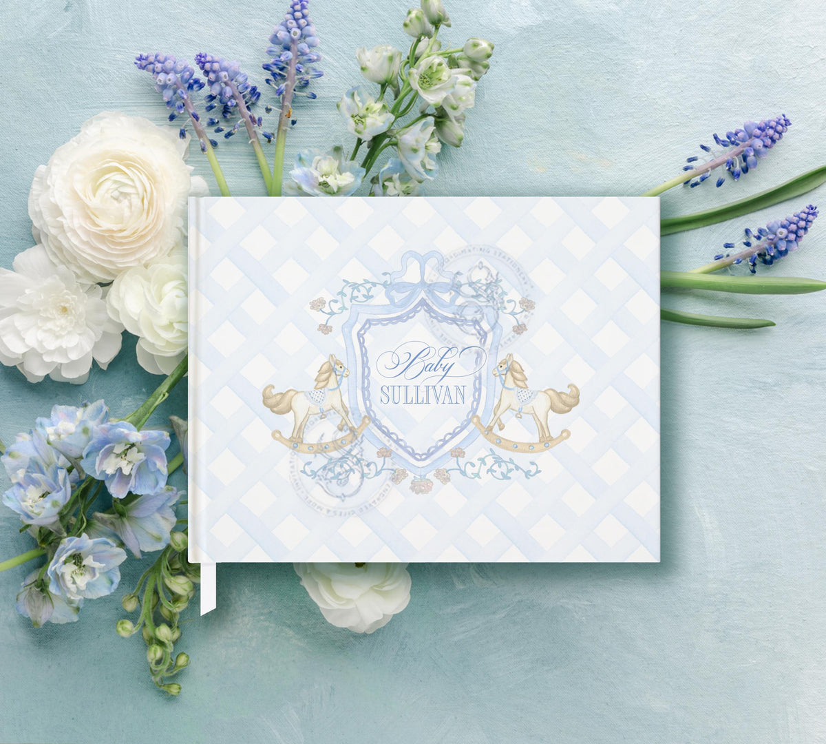 Blue Gingham Rocking Horse Crest Baby Shower Guest Book - image 2
