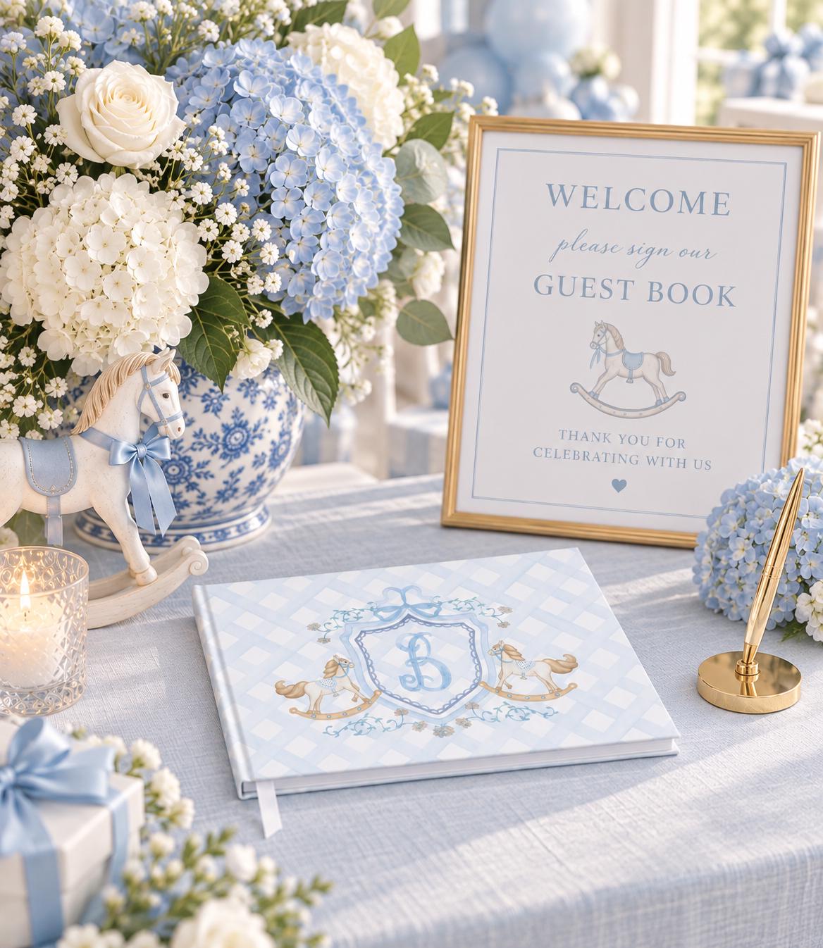 Blue Gingham Rocking Horse Monogram Guest Book - image 1
