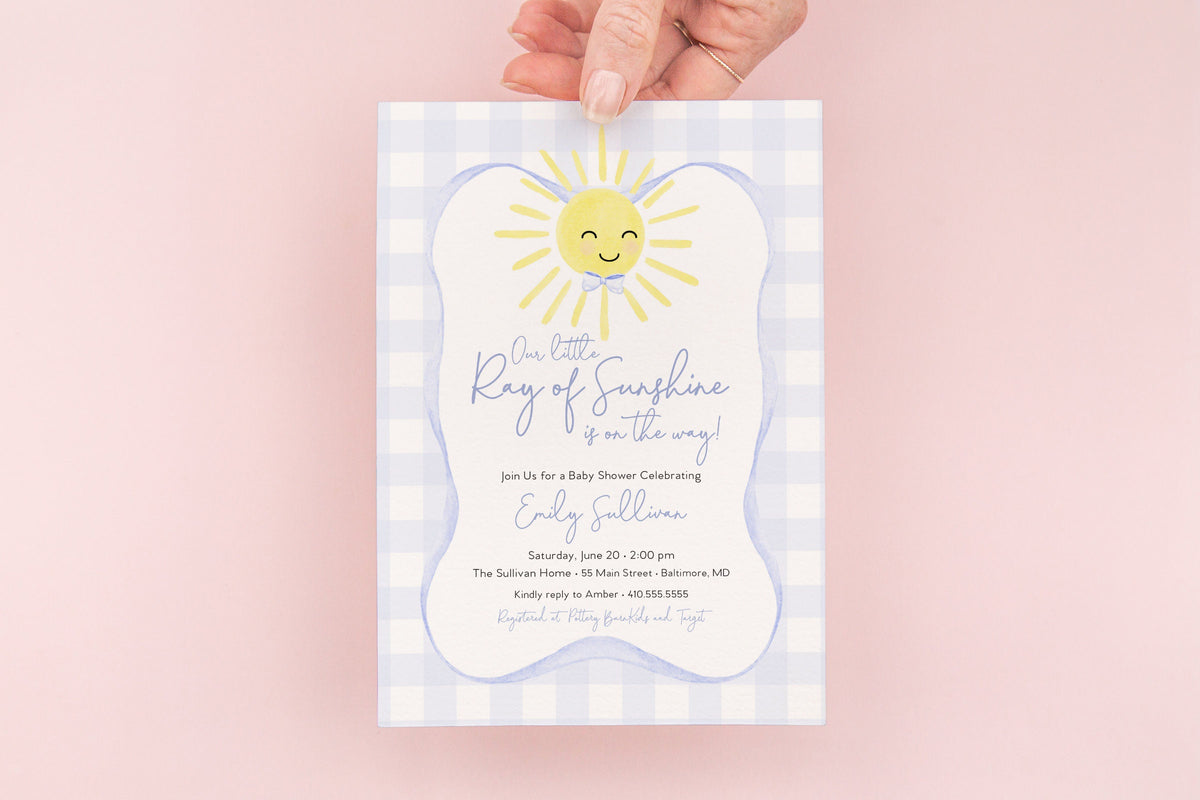 Blue gingham sunshine digital baby shower invitation