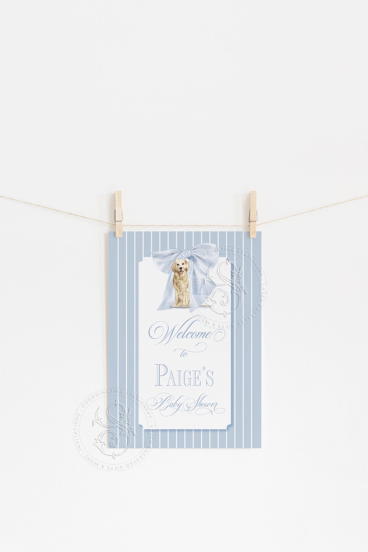 Blue Golden Retriever Monogram Baby Shower Welcome Sign