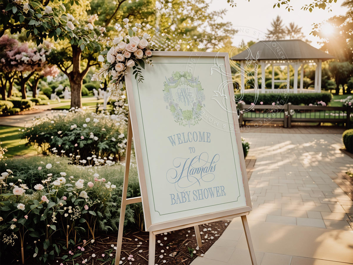 Blue Hydrangea Monogram Baby Shower Welcome Sign