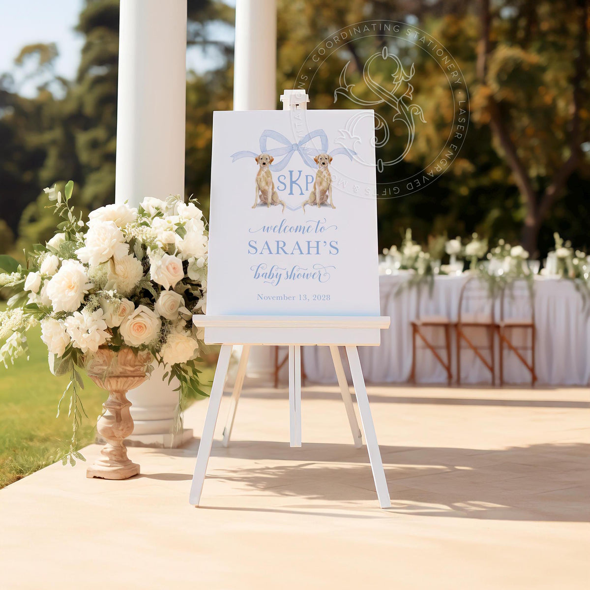 Blue Labrador Monogram Baby Shower Welcome Sign