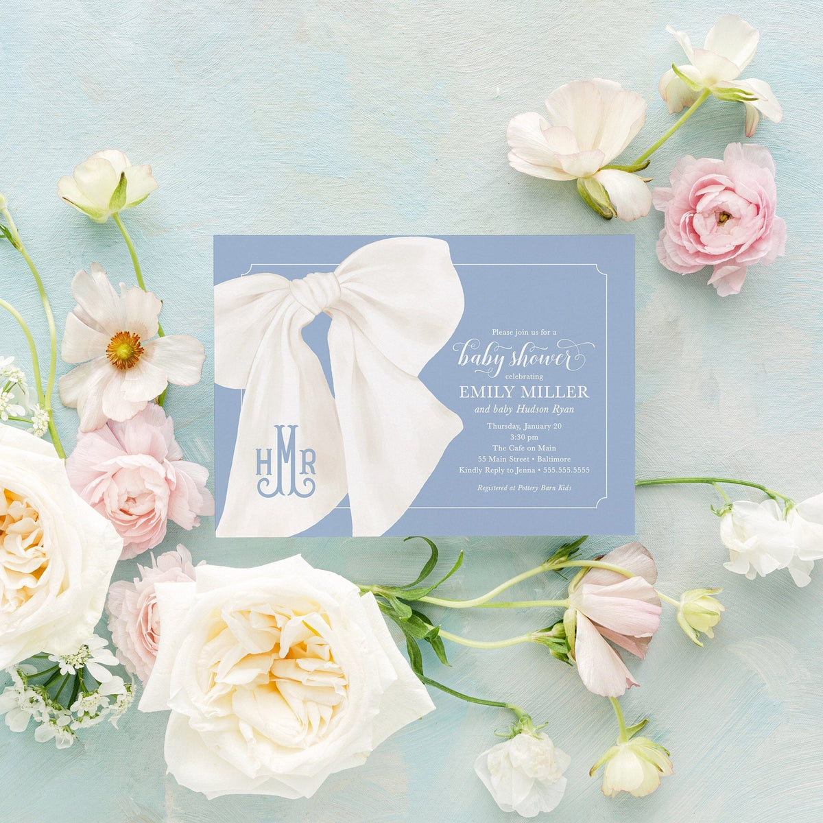 Blue monogram bow digital baby shower invitation