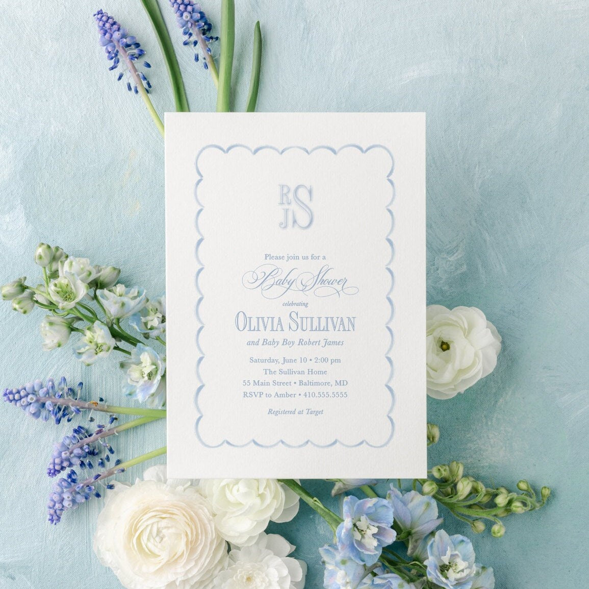 Blue Scallop Frame Baby Boy Shower Invitation | Digital File